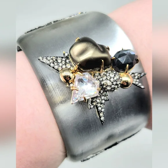Alexis Bittar Silver Lucite Miss Havisham Statement Bangle Swarovski Crystals